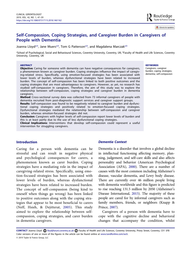 2019 Self Compassion Coping Strategies And Caregiver Burden In