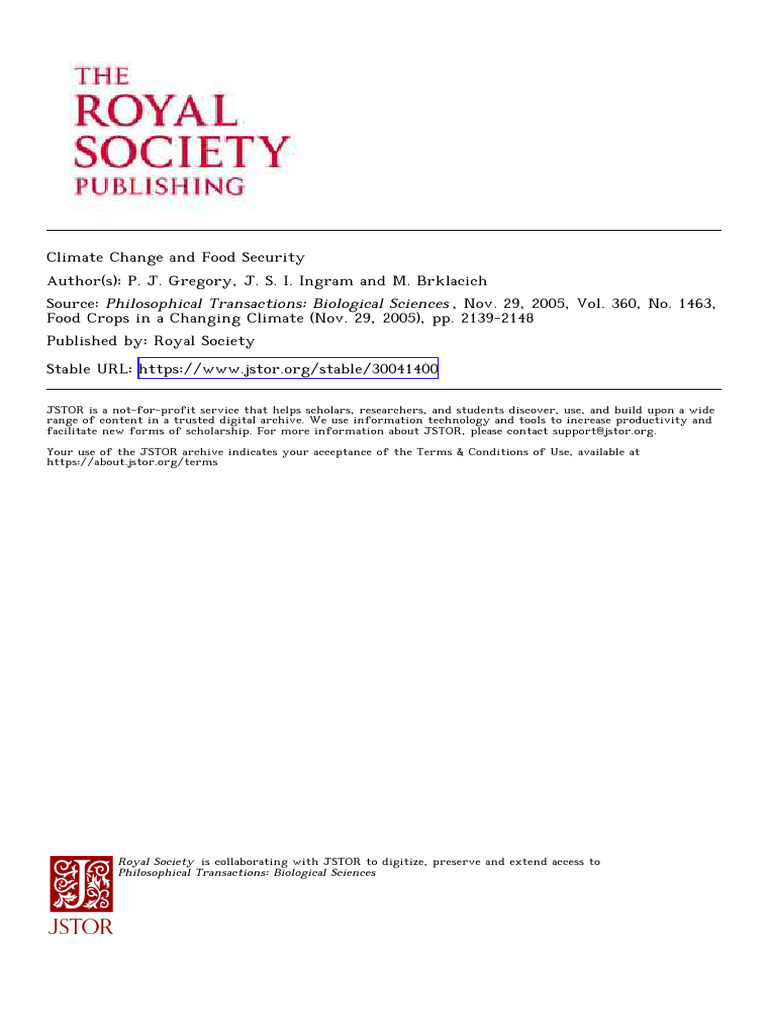 Gregory ClimateChangeFood 2005 | PDF | Food Security | Climate Change