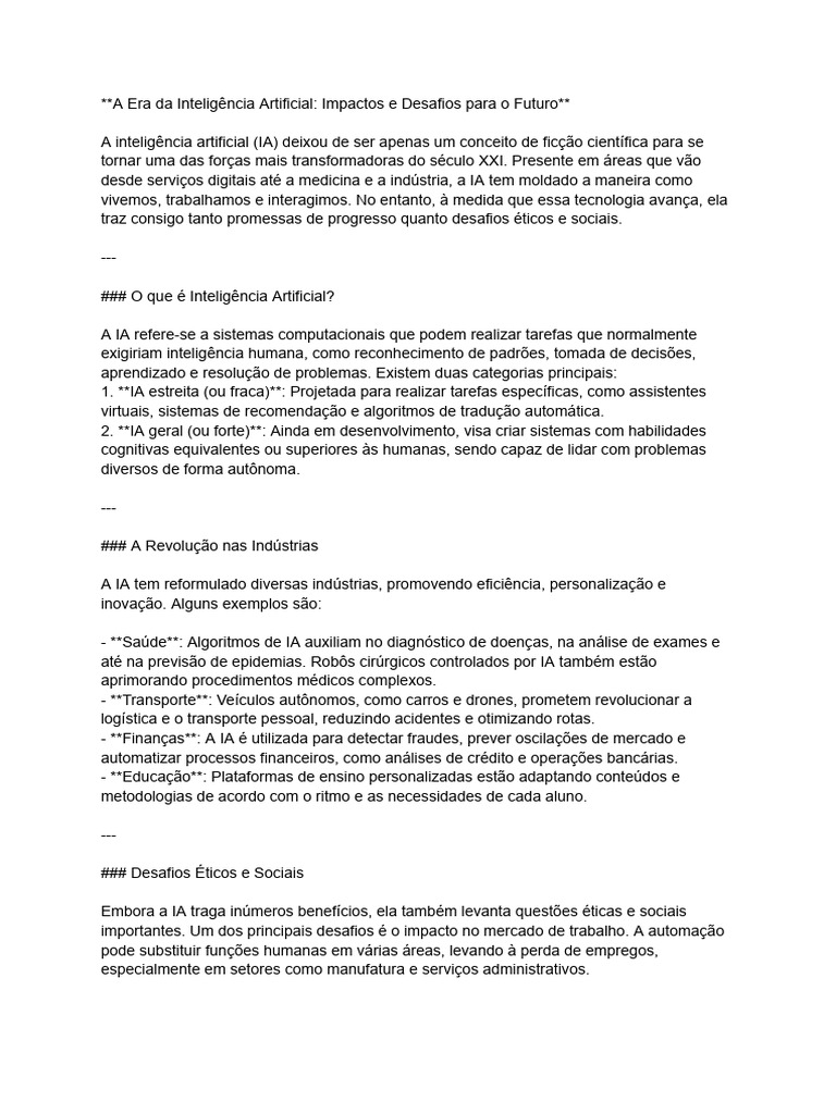 Impactos e Desafios da Inteligência Artificial | PDF | Inteligência ...