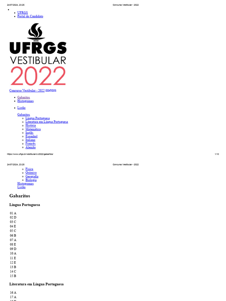Gabaritos da Prova UFRGS 2022 | PDF