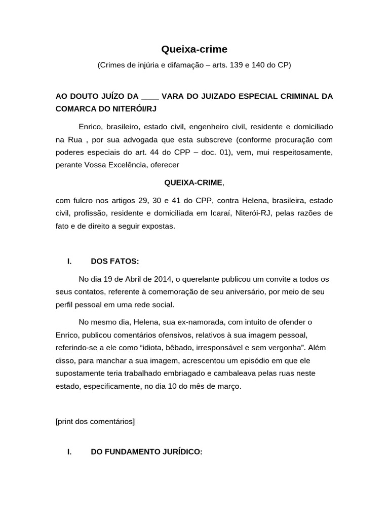 Modelo De Queixa Crime Injúria E Difamação – CVVSH