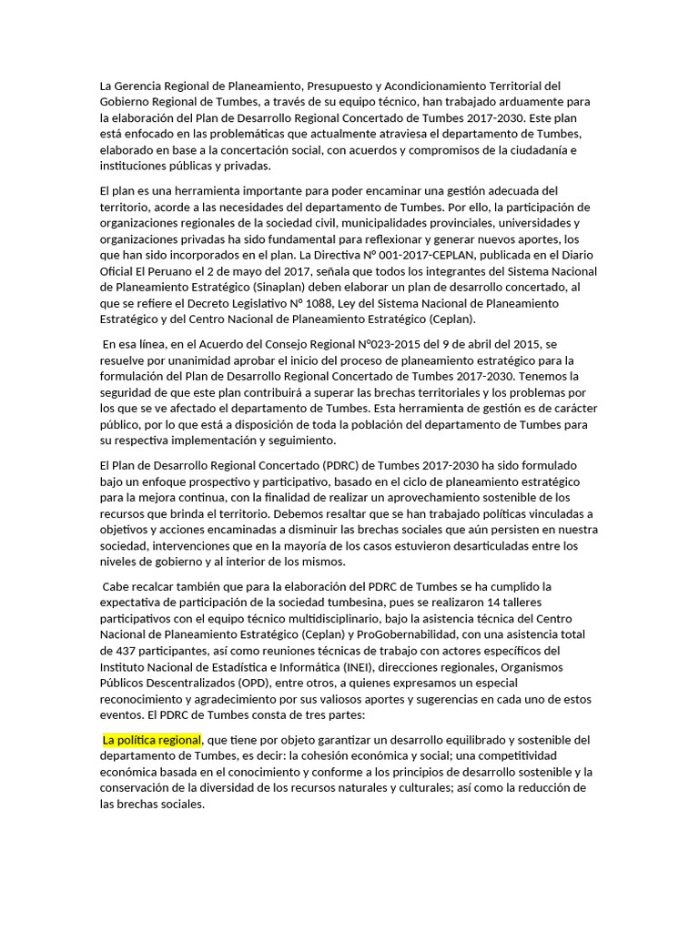 Plan de Desarrollo Regional Tumbes 2017-2030 | PDF | Planificación ...