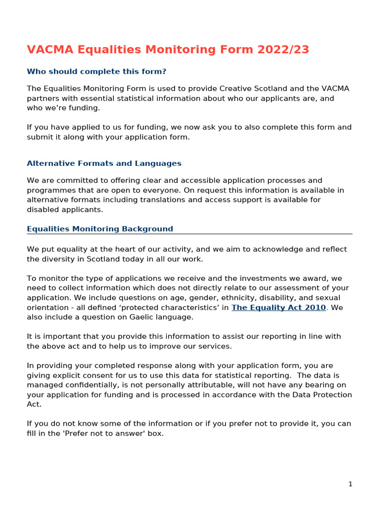 VACMA Equalities Monitoring Form | PDF | Disability | Heterosexuality