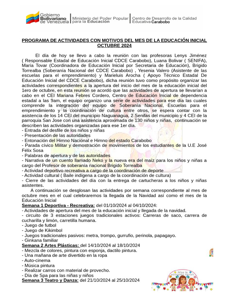 Programa de Actividades Con Motivos Del Mes de La Educación Inicial ...