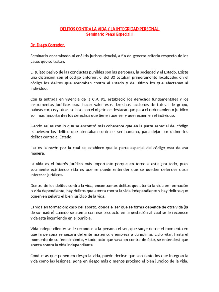 Delitos Contra La Vida y La Integridad Personal | PDF | Homicidio ...