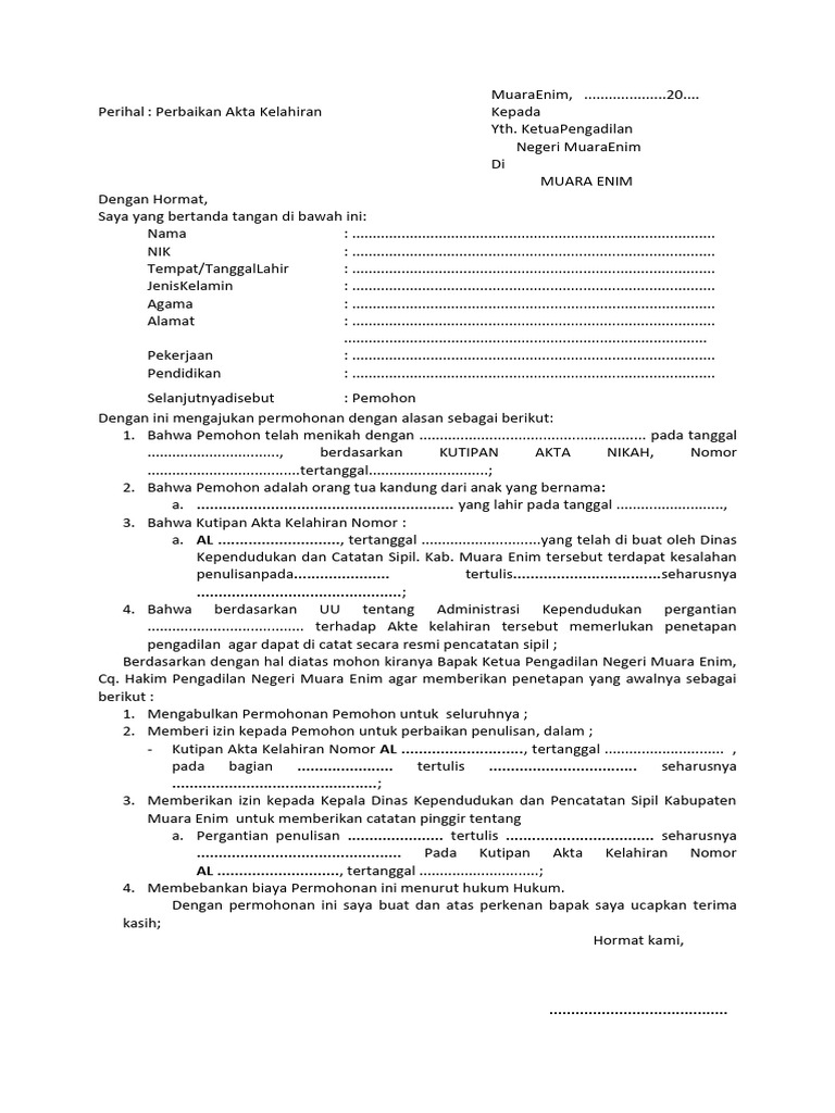 Permohonan Perbaikan Akta Kelahiran Pdf