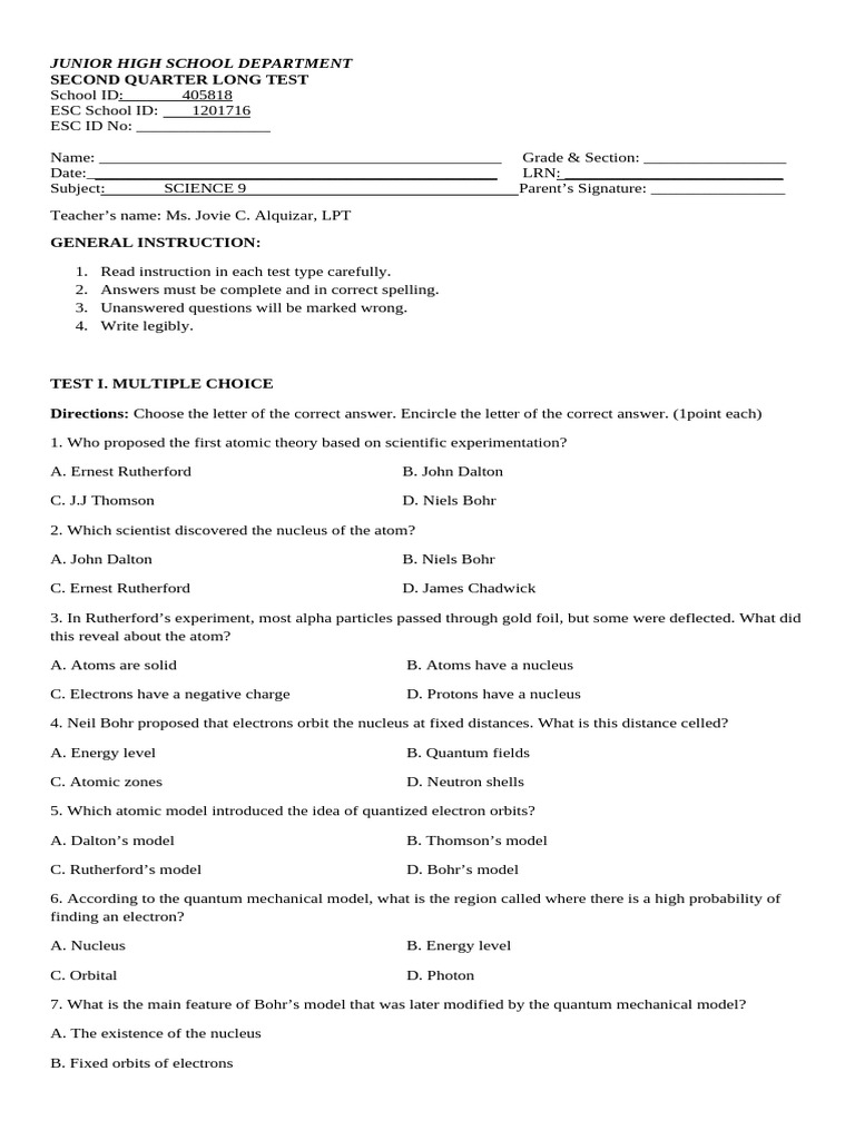 Grade 9 LONG TEST For 2nd Quarter | PDF | Atomic Orbital | Atoms