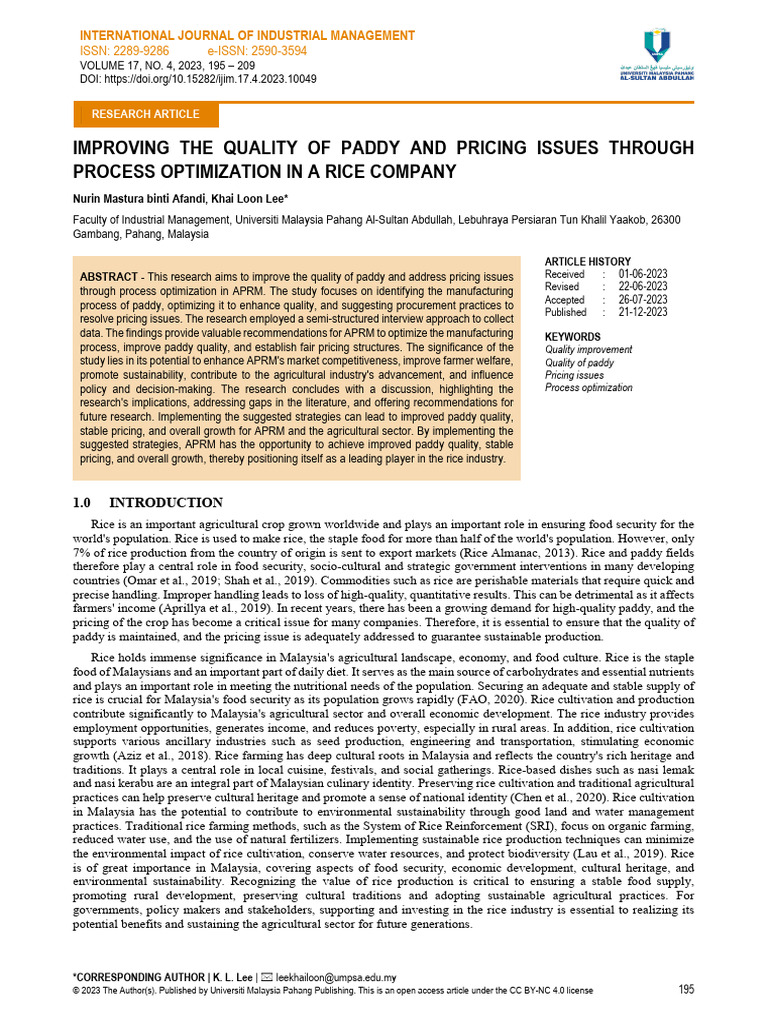 Improving The Quality of Paddy and Pricing Issues Through Process ...