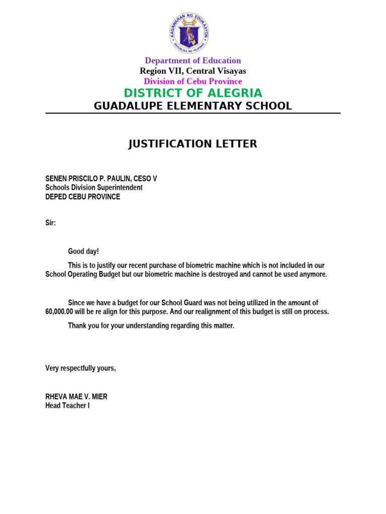 Justification Letter for Biometric Machine | PDF