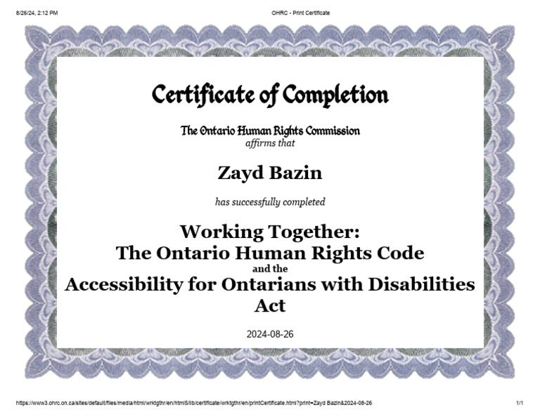 OHRC - Print Certificate | PDF