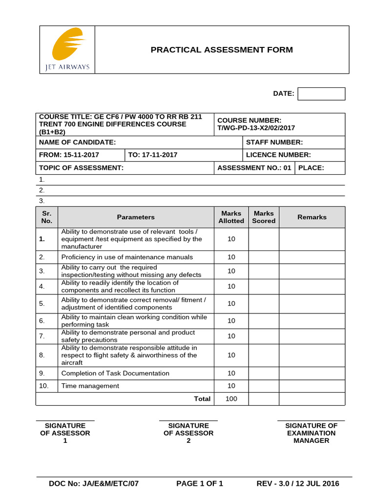 JA - E&M - ETC - 07 - Practical Assessment Form - V3.0 | PDF