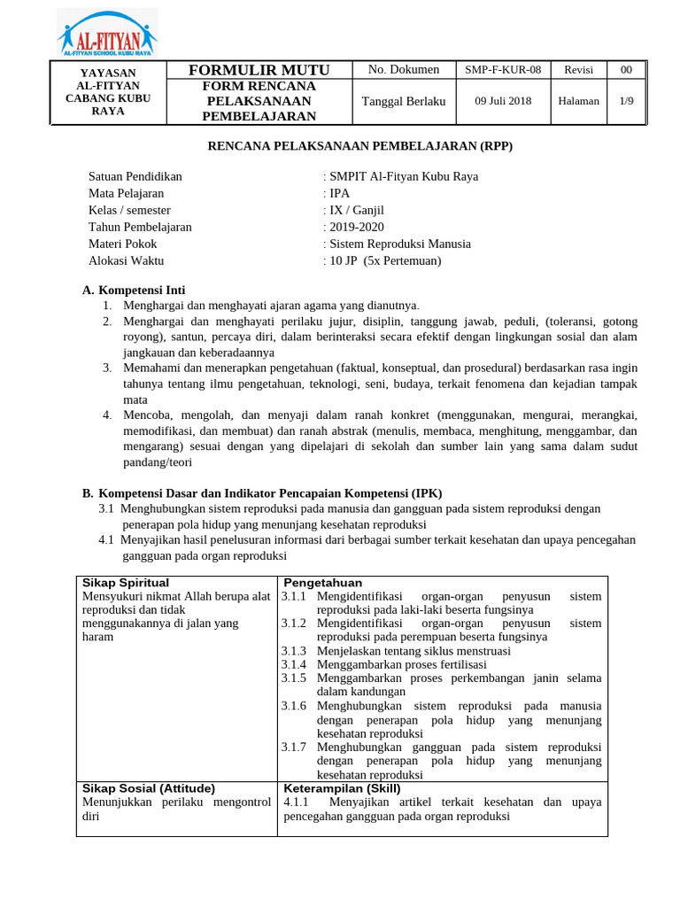 RPP Sistem Reproduksi Manusia JSIT | PDF | Sains & Matematika