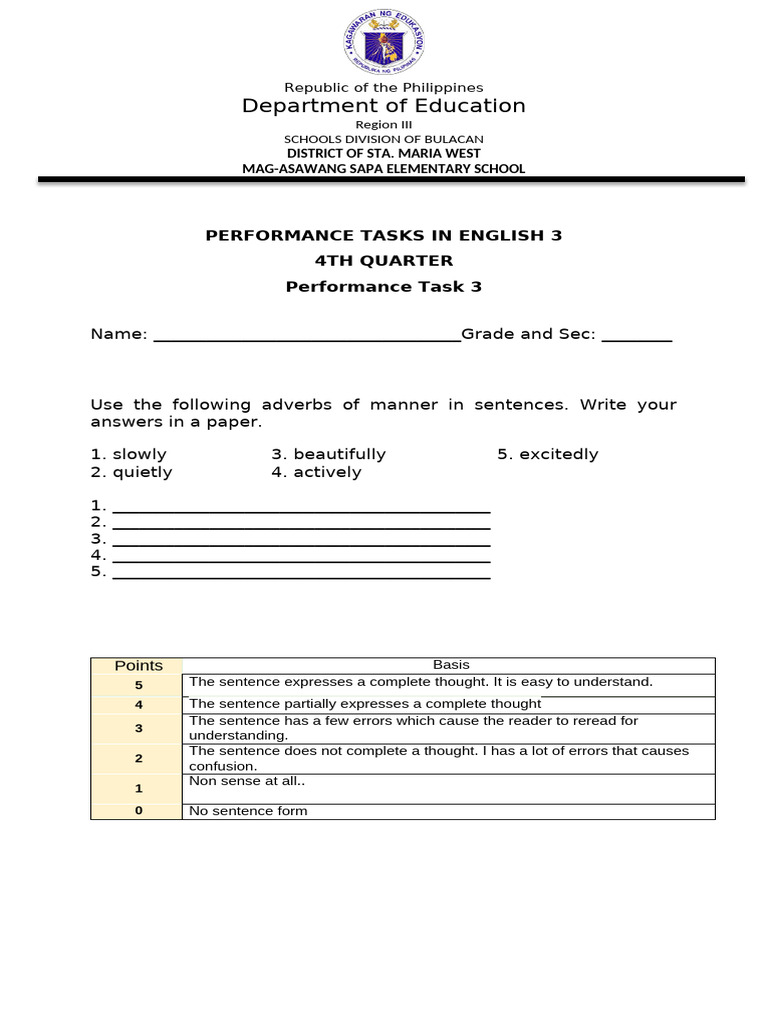 English Performance Tasks for Grade 3 | PDF | English Language ...