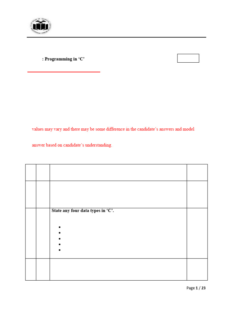 C Programming Model Answer Guide | PDF | Pointer (Computer Programming ...