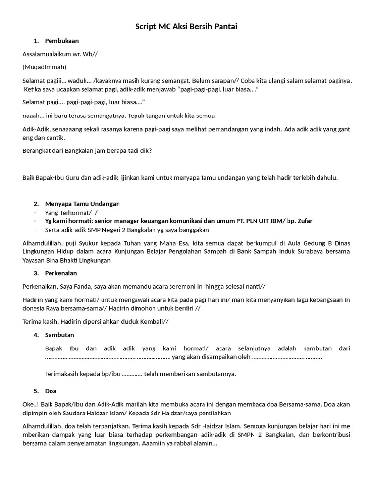 Script MC Kunjungan Belajar SMPN 2 Bangkalan | PDF | Memasak, Makanan ...
