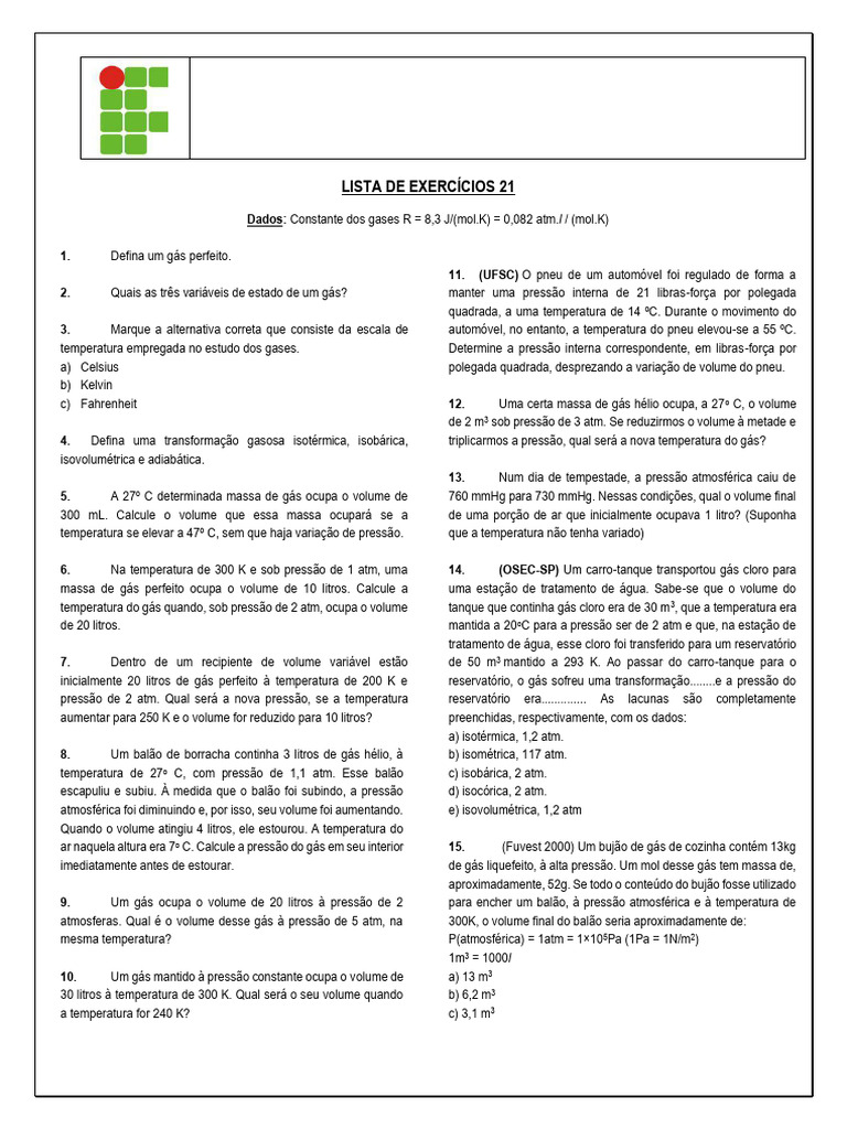 Lista de Exercícios sobre Gases Ideais | PDF | Gases | Colisão