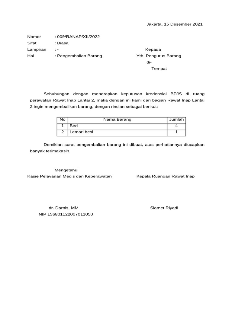009 - RANAP - XII - 2022 Surat Pengembalian Barang | PDF