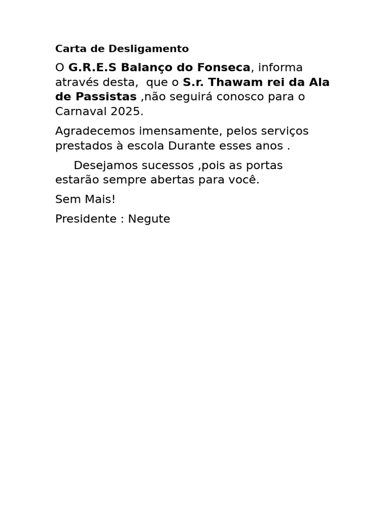 Desligamento no G.R.E.S Balanço | PDF