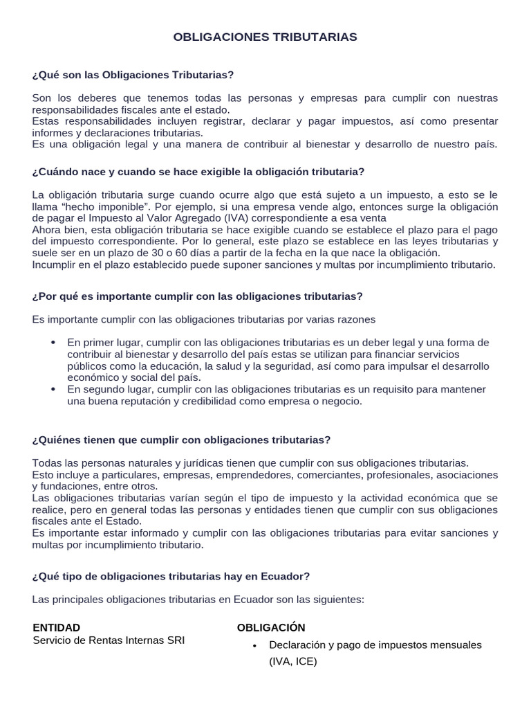 Obligaciones Tributarias en Ecuador | PDF | Impuestos | Business