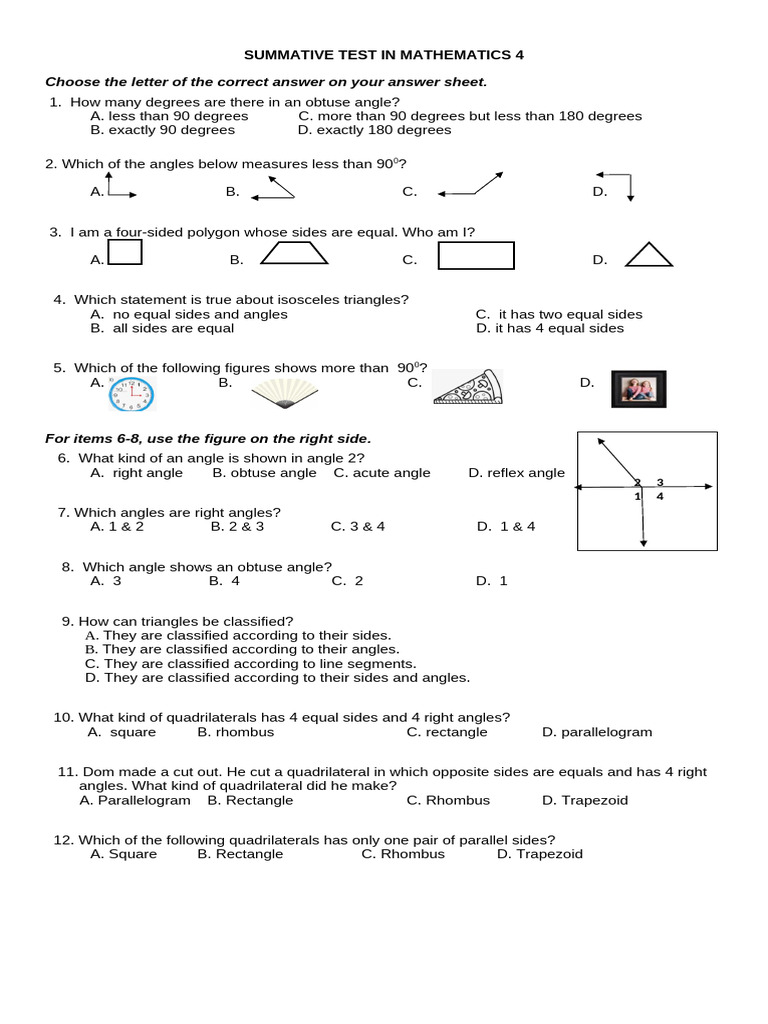 Mathematics 4 Summative Test Pdf Rectangle Triangle