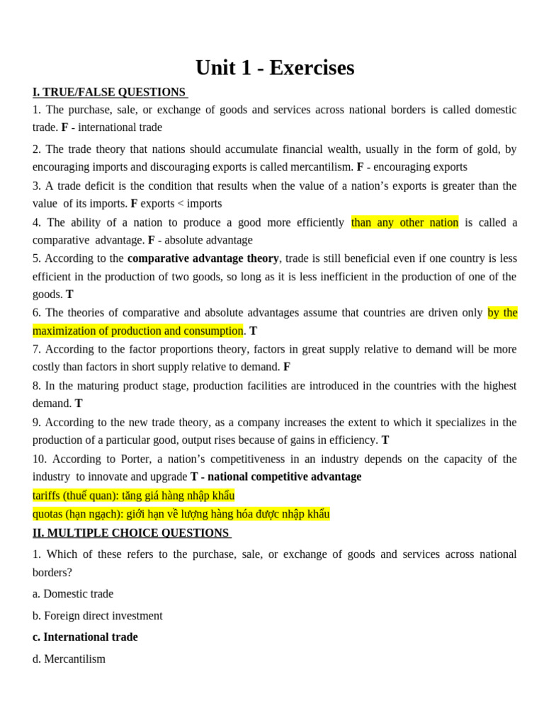 International Trade Exercises | PDF | Trade | Service Industries