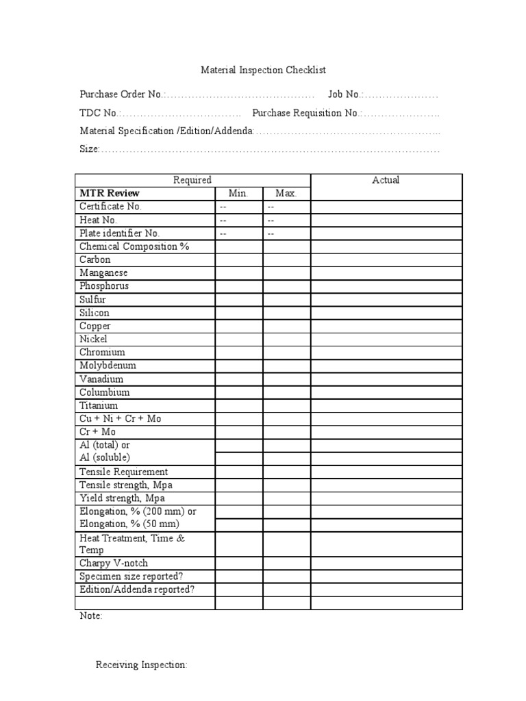 Material Inspection Checklist Plug