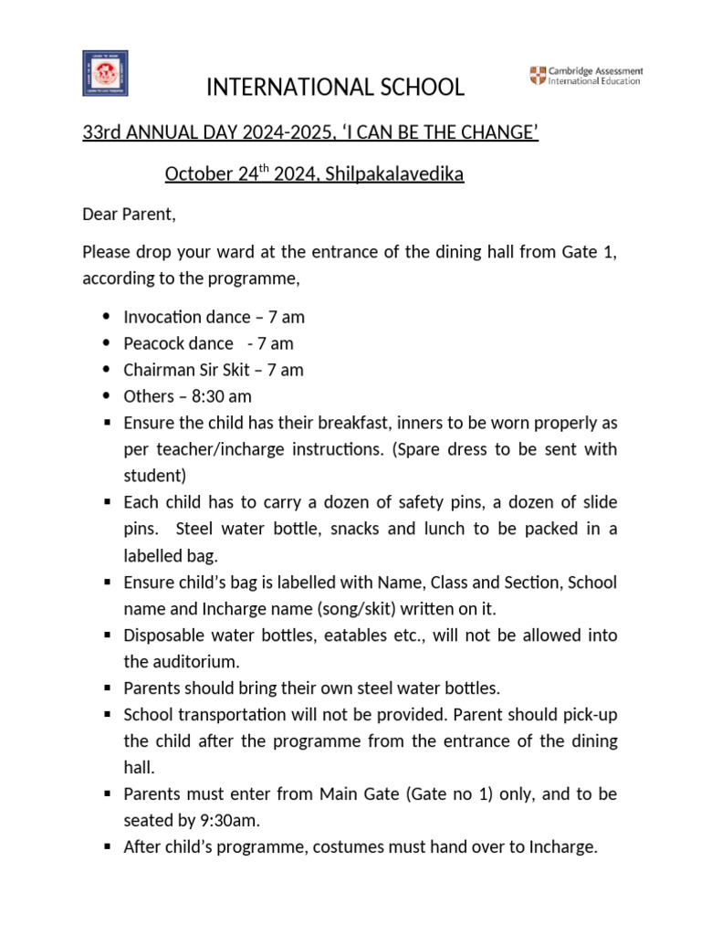 Annual Day Instructions for Parents 2024 | PDF | Art | Wellness