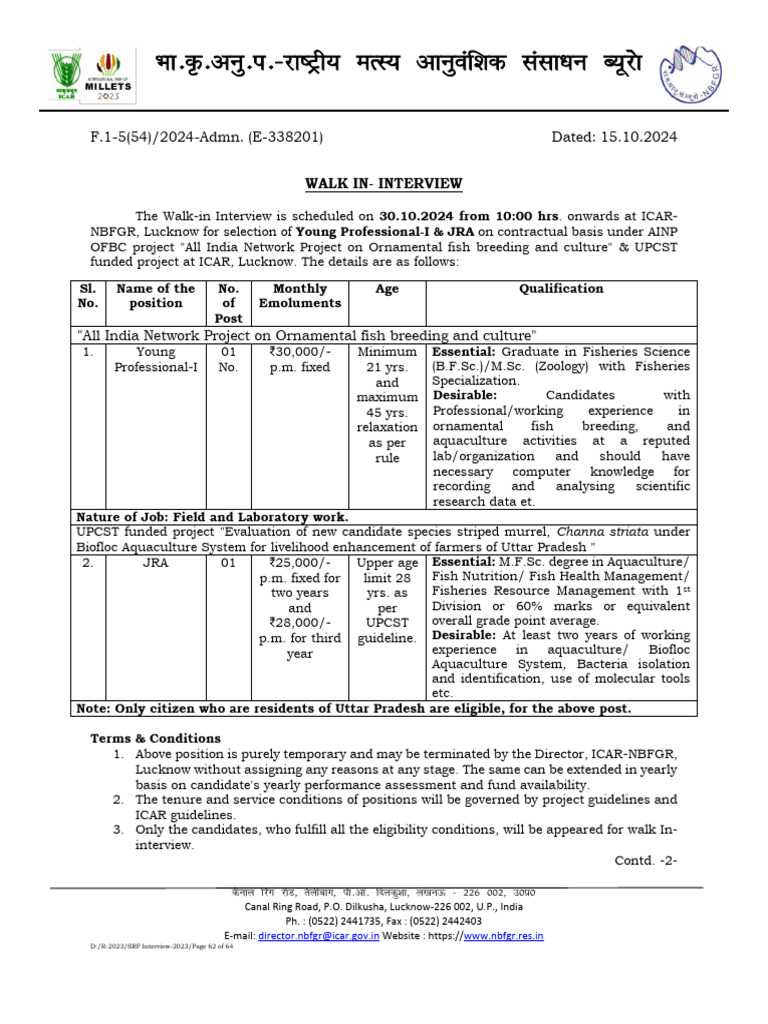 Walk-In Interview for Fish Research Jobs | PDF