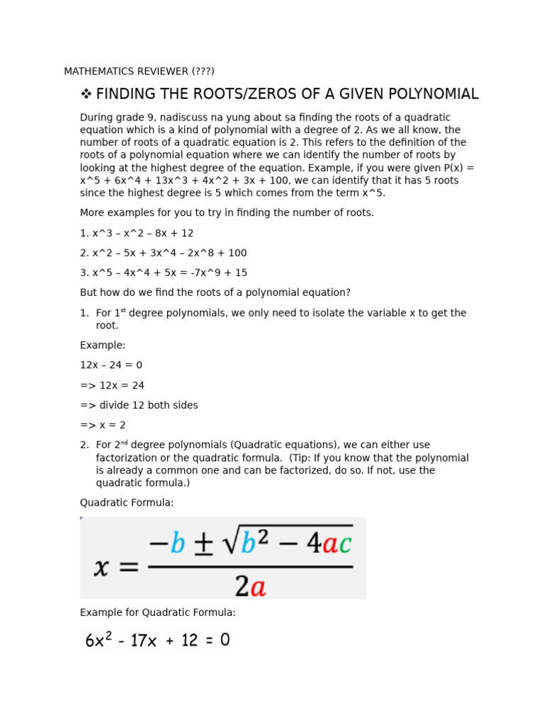 Finding Roots of Polynomial Equations | PDF | Polynomial | Quadratic ...