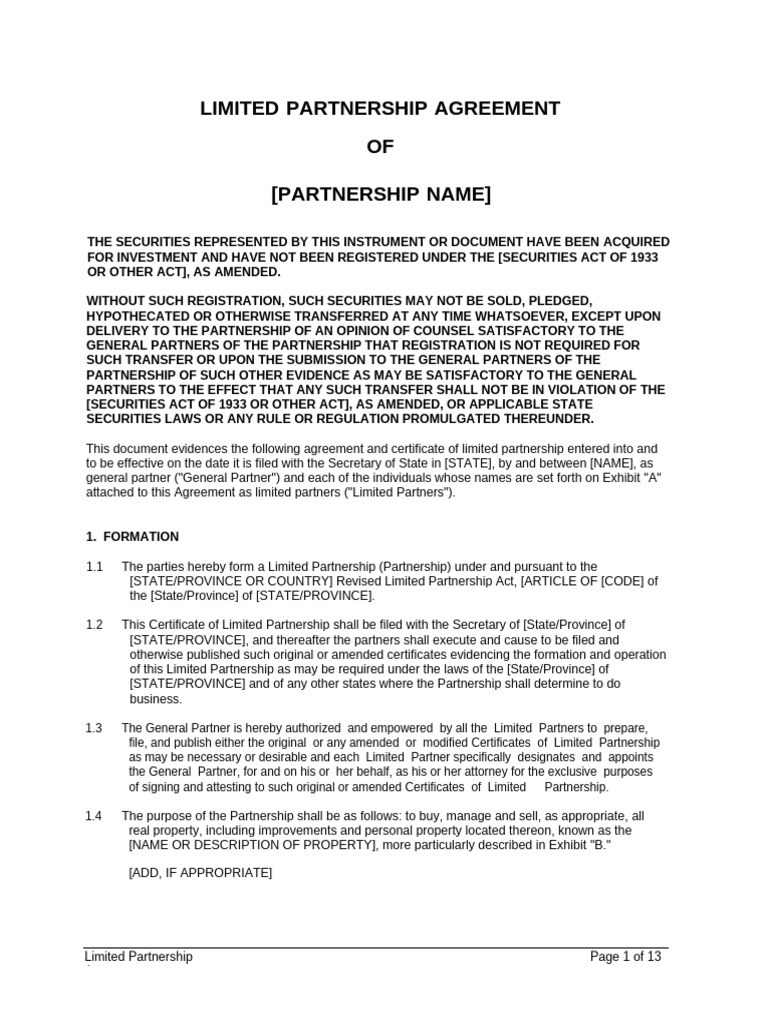 Limited Partnership Agreement Template | PDF | Partnership | Assignment ...