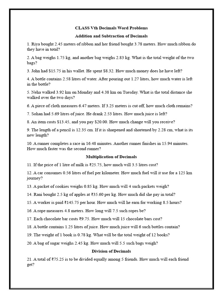 Grade 5 Decimal Word Problems | PDF | Litre