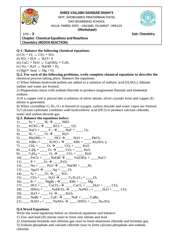 Chem Workshet SVSD | PDF | Chemical Reactions | Physical Chemistry