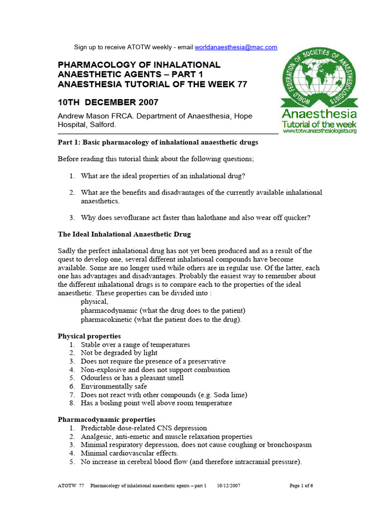 Inhalational Anaesthetics: Basic Pharmacology | PDF | Anesthesia ...
