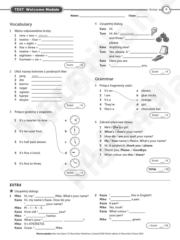 New Hot Spot 1 Welcome Module Test A | PDF