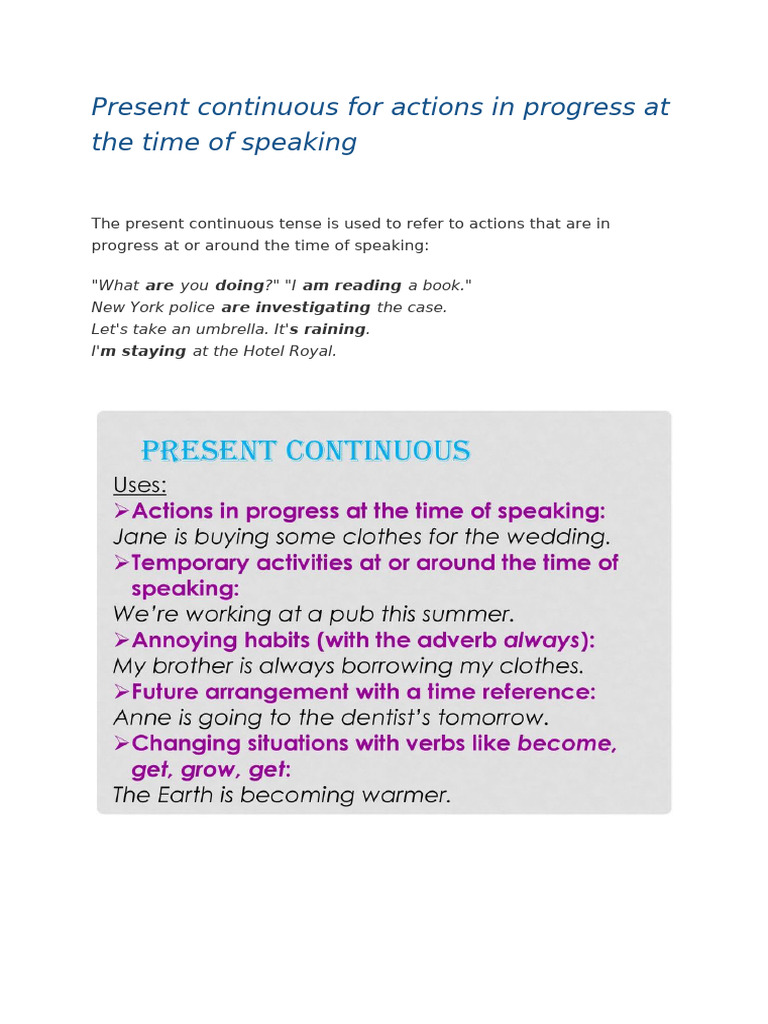 Present Continuous For Actions in Progress at The Time of Speaking | PDF