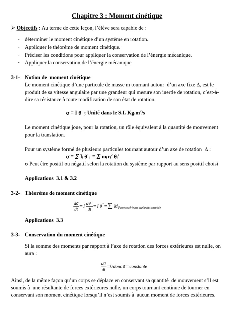 Théorème et conservation du moment cinétique PDF Moment d'une force — free download