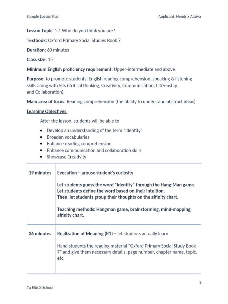 Lesson Plan: Exploring Identity in English | PDF | Lesson Plan ...
