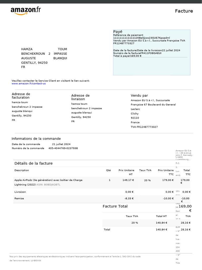 Facture Amazon - AirPods 22/07/2024 | PDF | Taxe sur la valeur ajoutée ...