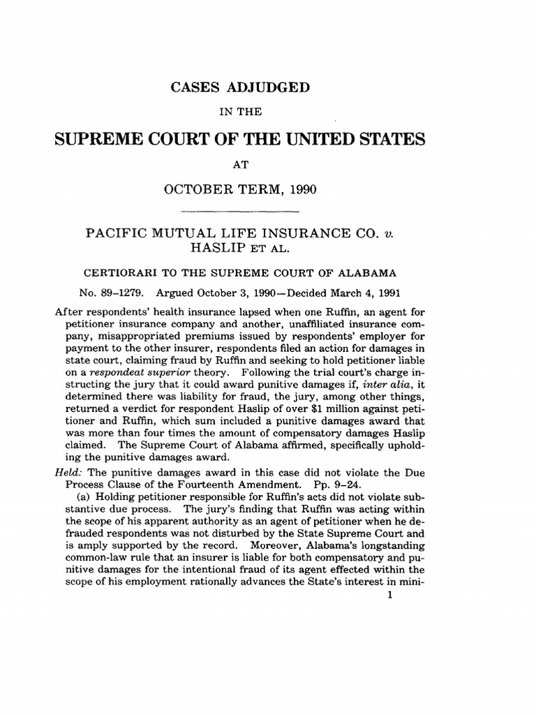 Pacific Mutual Life Insurance Co. v Haslip 1991 PDF Punitive