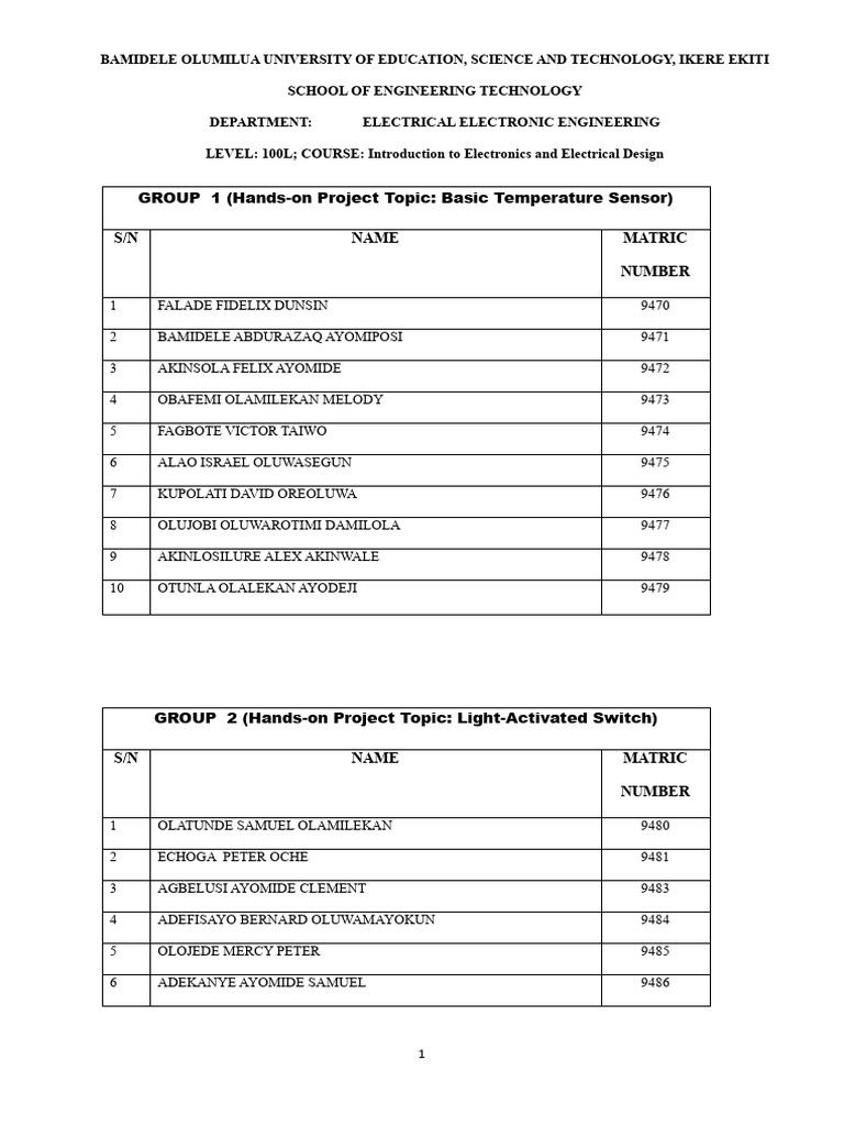Group List For 100 Level | PDF | Electrical Engineering | Electricity