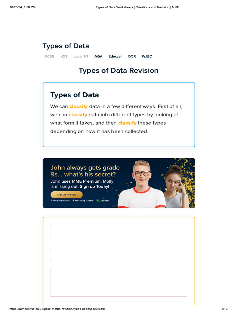 25 Oct Types of Data Worksheets - Questions and Revision - MME | PDF ...