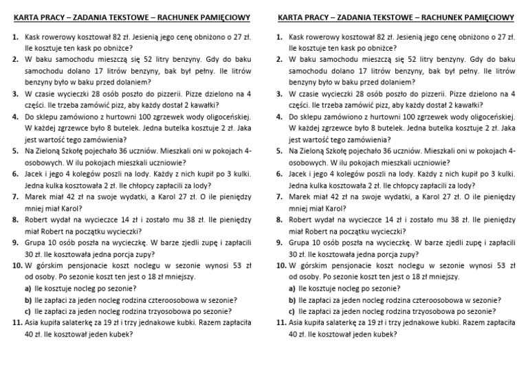 Zadania Tekstowe Klasa 4 Sprawdzian