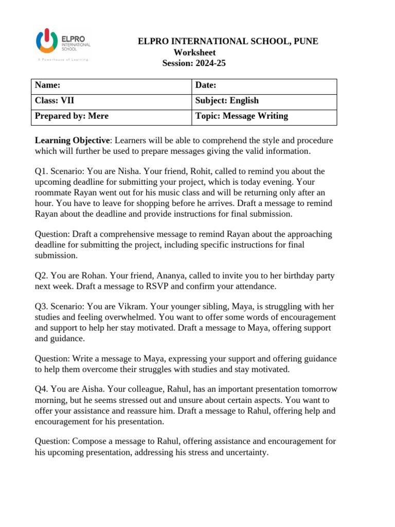 Message Writing Worksheet for Class VII | PDF