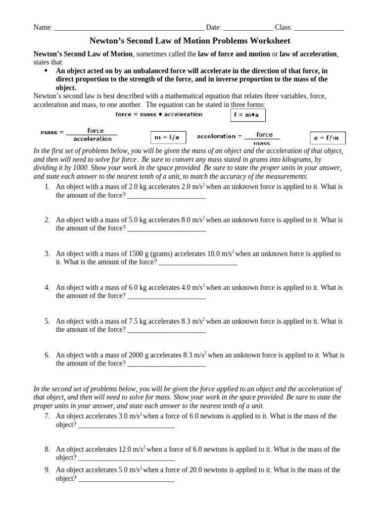 2nd Law of Motion Problems | PDF | Force | Mass