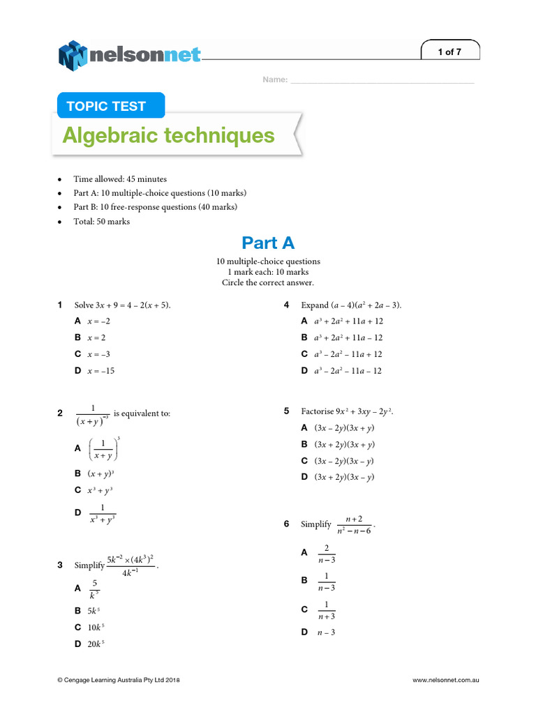 Year 11 Algebraic Techniques Test | PDF | Mathematics | Algebra