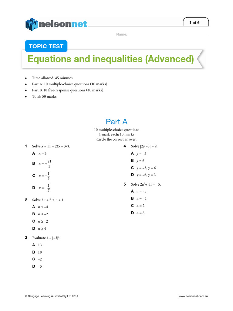 Year 11 Topic Test MIF 2 - Equations (ADV) | PDF | Mathematics ...