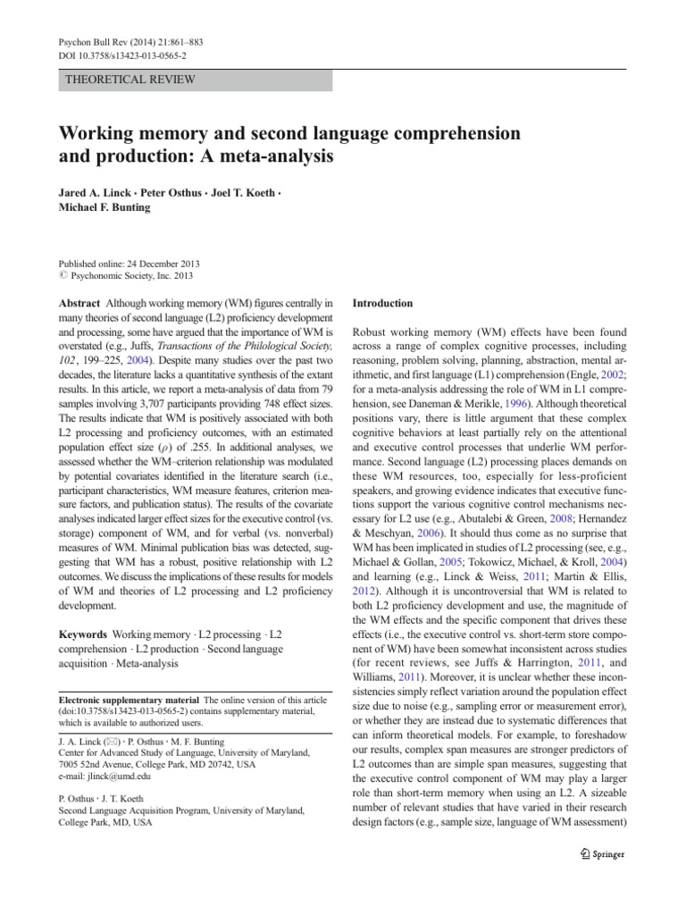 Working Memory's Role in L2 Proficiency | PDF | Effect Size | Second ...
