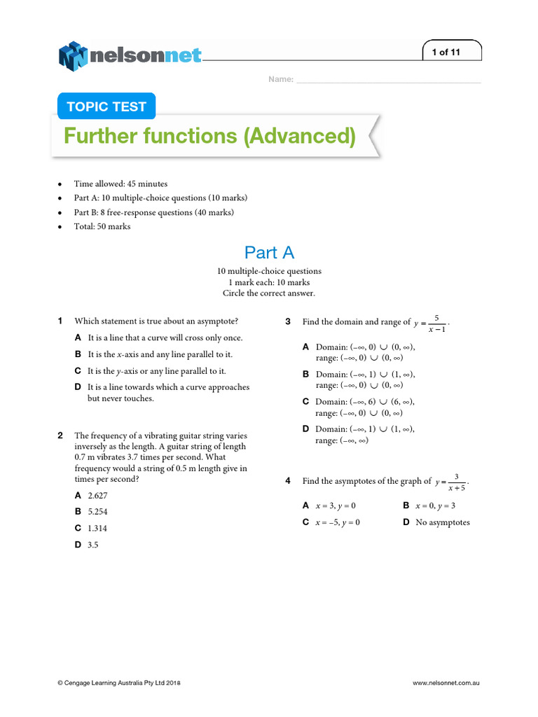 Year 11 Advanced Functions Test | PDF | Asymptote | Function (Mathematics)