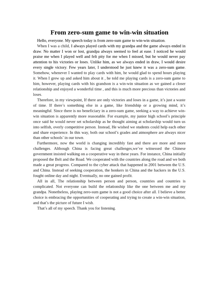 From Zero-Sum to Win-Win Strategies | PDF