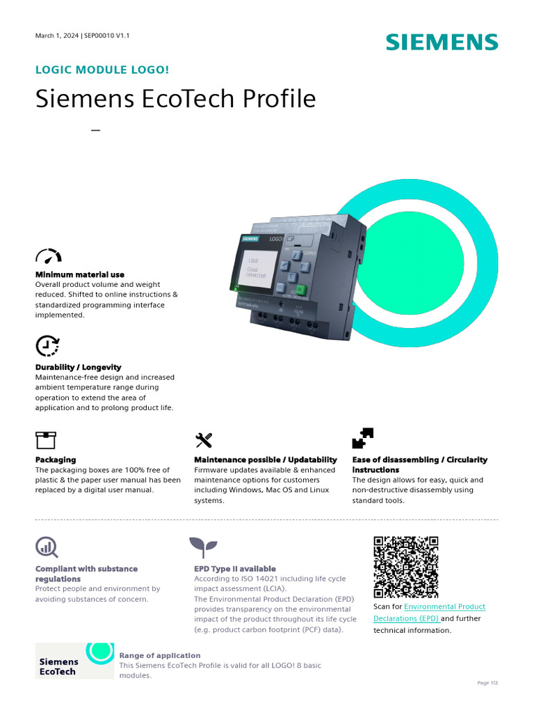 SEP00010 Logic Module LOGO Siemens EcoTech Profile | PDF | Life Cycle ...